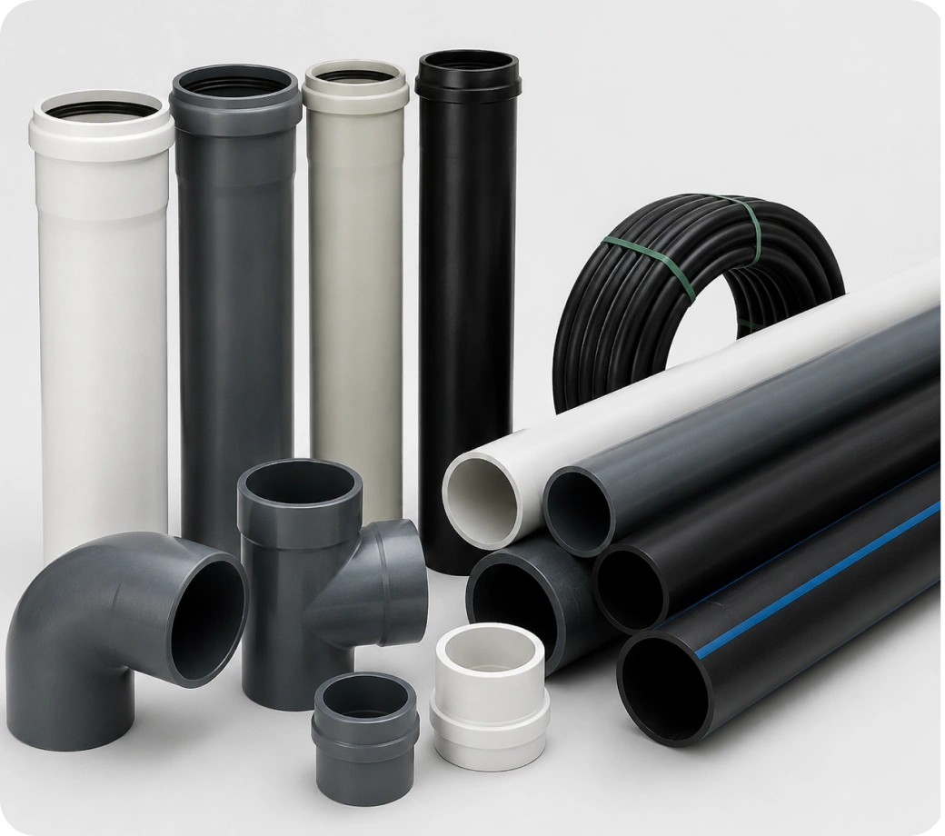 PVC, ABS, polypropylene, and polyethylene pipe systems